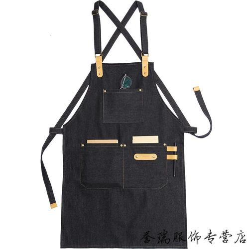 加厚皮具手工匠人木工坊黑色双肩牛仔围裙理发厨师背带工作服 斜纹